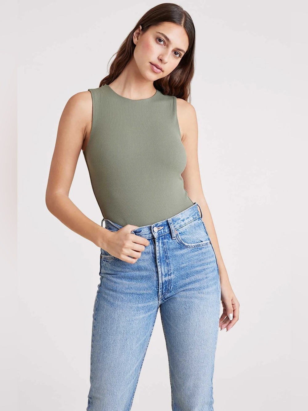 nuuds Ribbed Crewneck Tank Bodysuit Olive Green Sleeveless Small